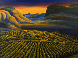 A painting by Ginny Hall depecting an Okanagan winery.