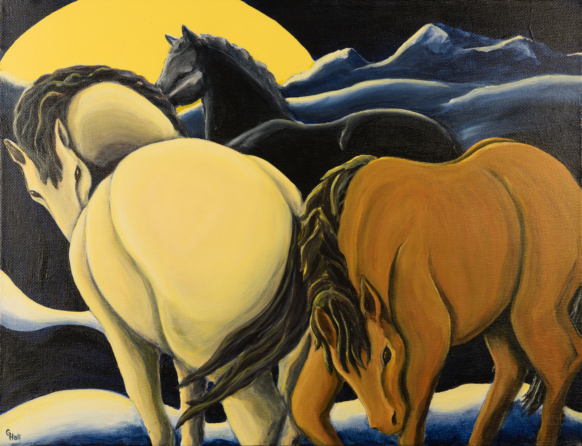 A painting by Ginny Hall depicting three horses.