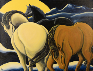 A painting by Ginny Hall depecting three horses.