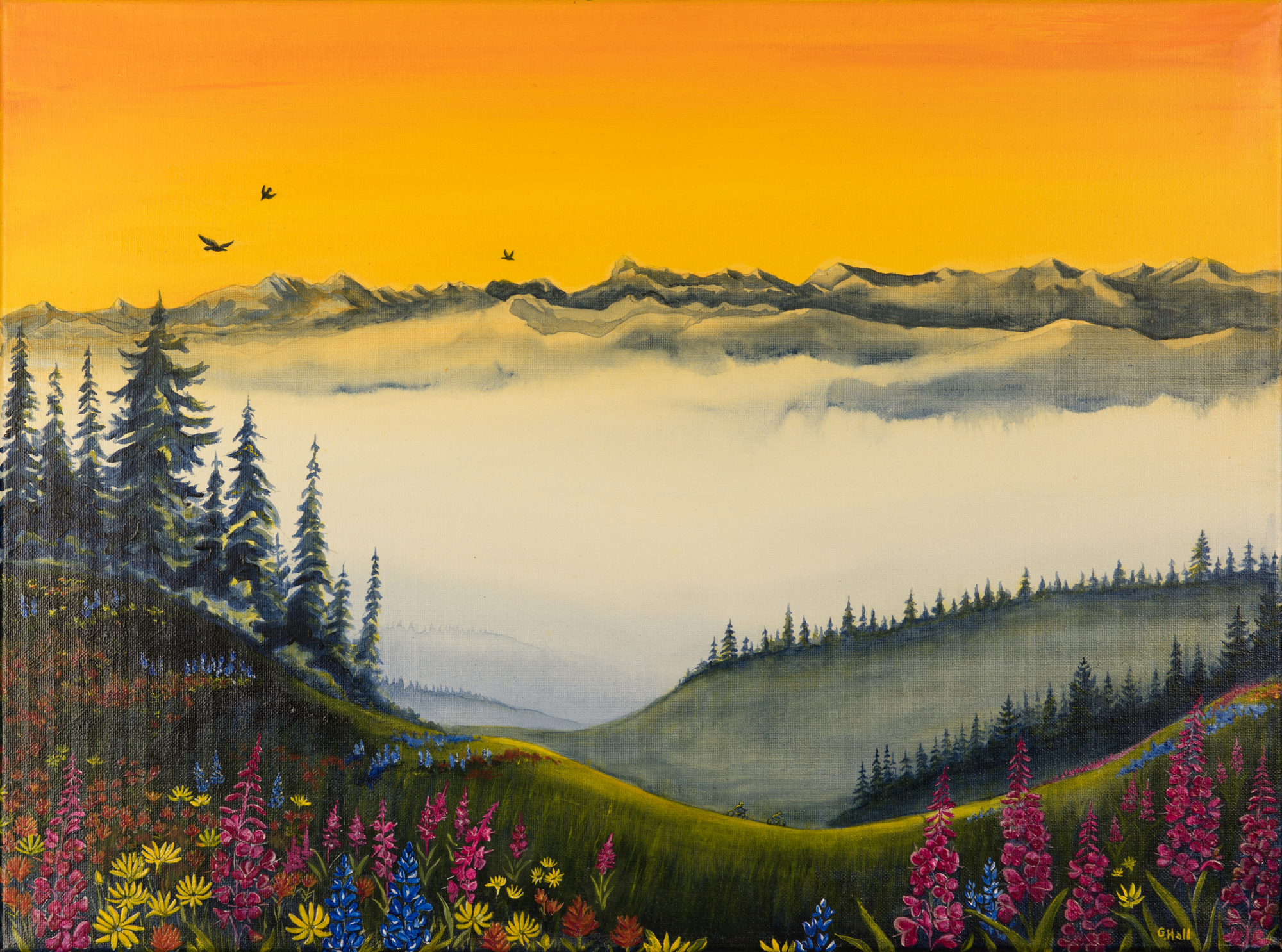 A painting by Ginny Hall depicting a colourful landscape.