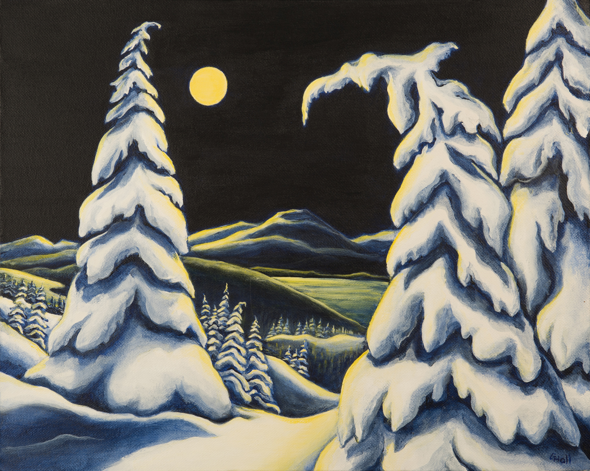 A painting by Ginny Hall depicting snow covered trees in the moonlight.