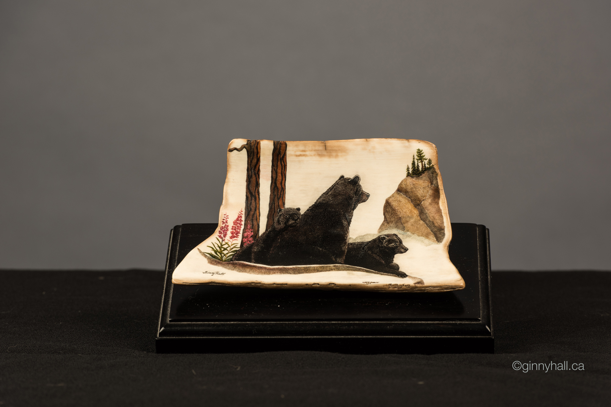 A scrimshaw peice by Ginny Hall depicting two black bears.